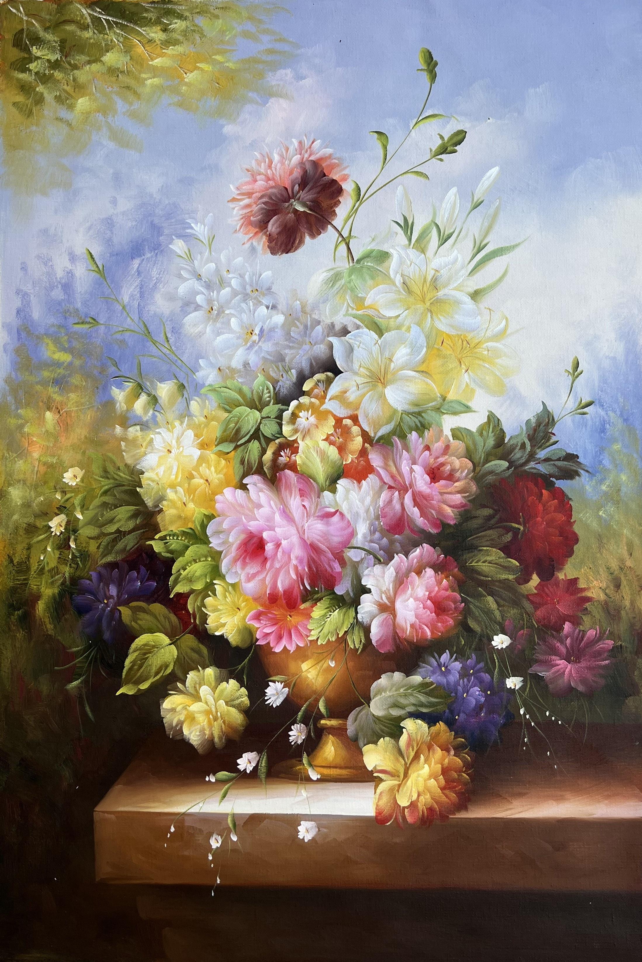 Romantic Floral Still Life In Golden Vase