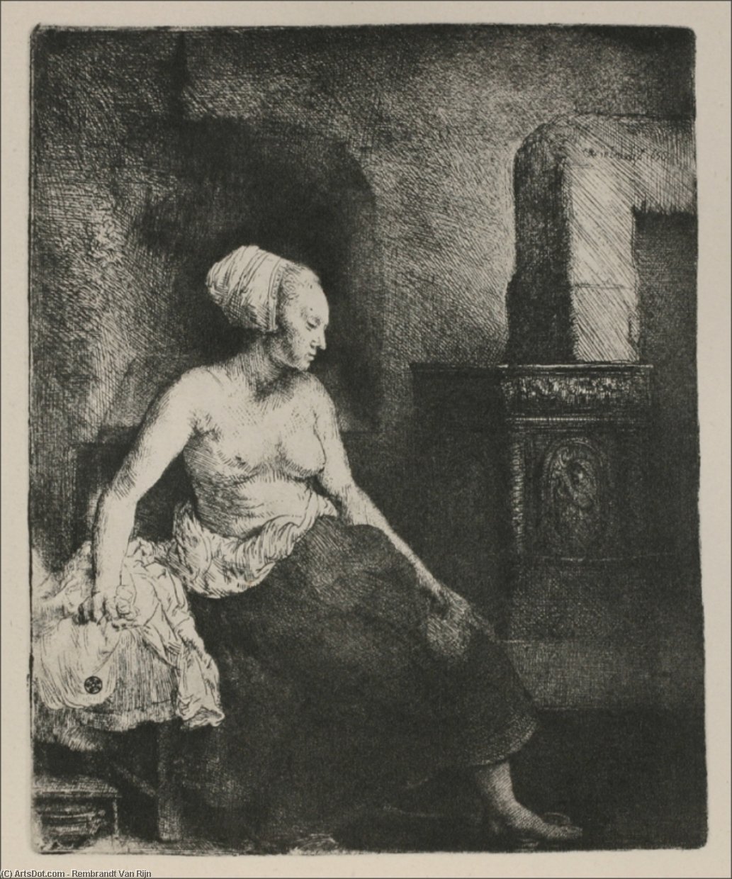 A Woman Seated Before A Dutch Stove — Rembrandt Van Rijn