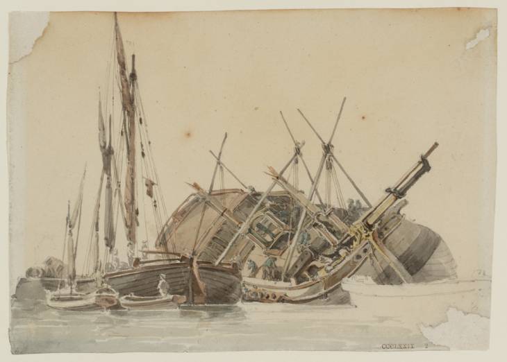 The Hull Of A Ship With A Barge And Smaller Boats — Thomas Girtin