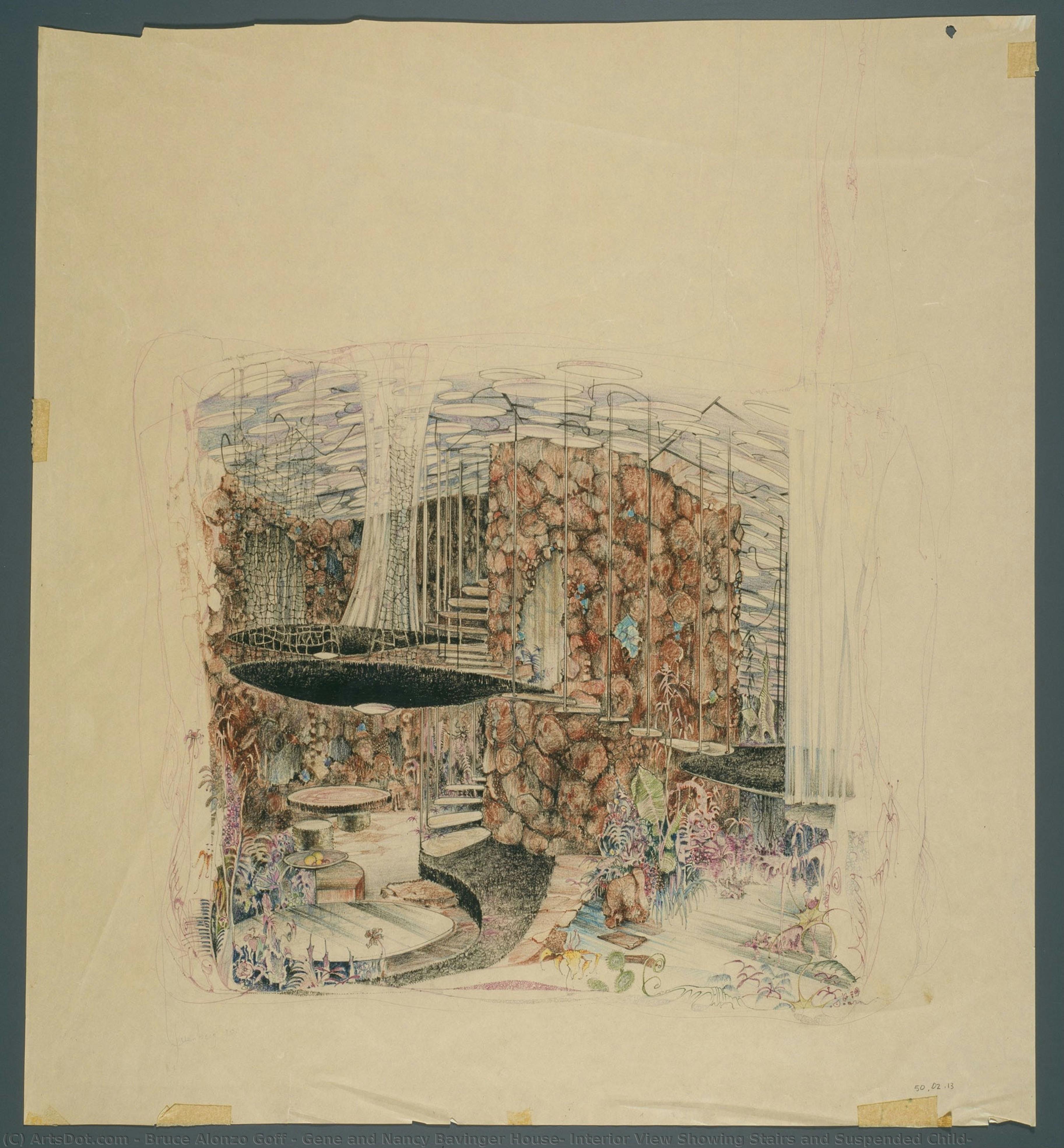 Gene And Nancy Bavinger House: Interior View Showing Stairs And Suspended Child — Bruce Alonzo Goff