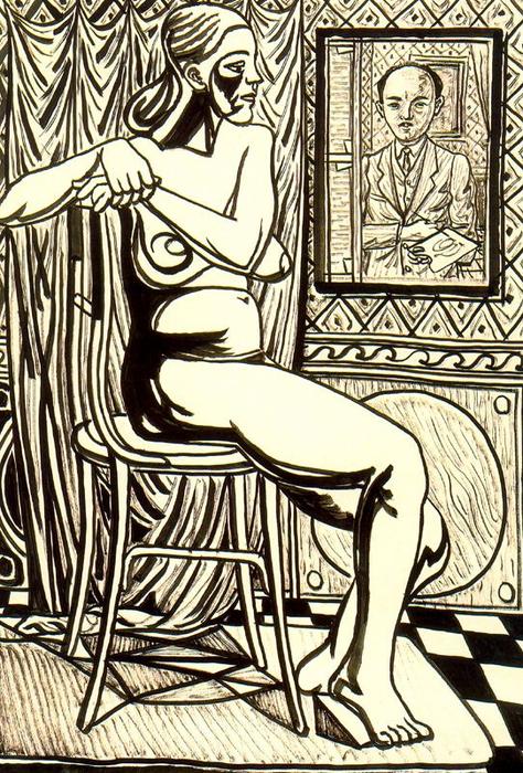Seated Female Nude And Artist's Self-portrait — Rafael Zabaleta Fuentes