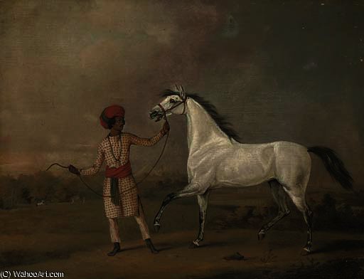 An Arab Stallion Held By An Indian Groom In An Exotic Landscape, Figures Beyond — Henry Bernard Chalon