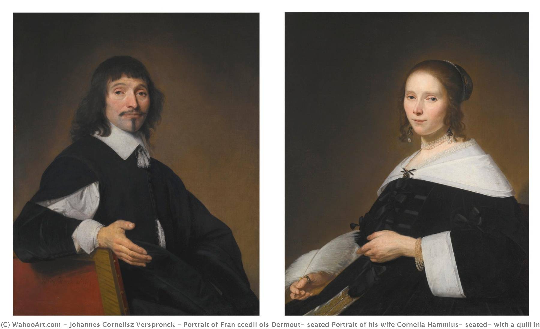 Portrait Of Fran Ccedil Ois Dermout, Seated Portrait Of His Wife Cornelia Hammius, Seated, With A Quill In Her Hand — Johannes Cornelisz Verspronck