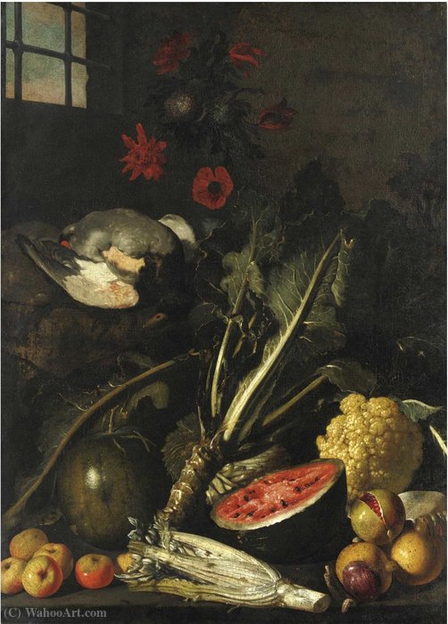 Natura Morta Con Cardo, Cavolo, Angurie, Melagrana, Cacciagione E Fiori — Tommaso Salini