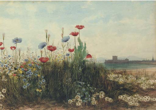 Poppies And Daisies With Carrickfergus Castle, Co. Antrim In The Distance — Andrew Nicholl