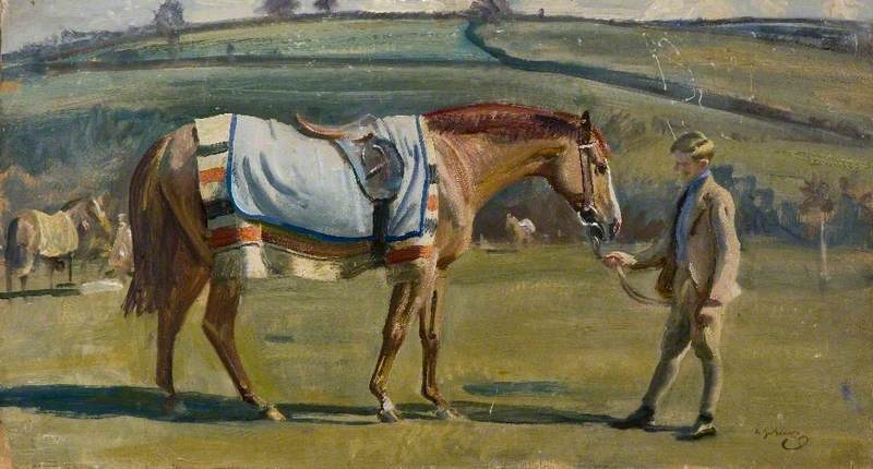 A Chestnut Racehorse Held By A Boy In A Landscape — Sir Alfred James Munnings