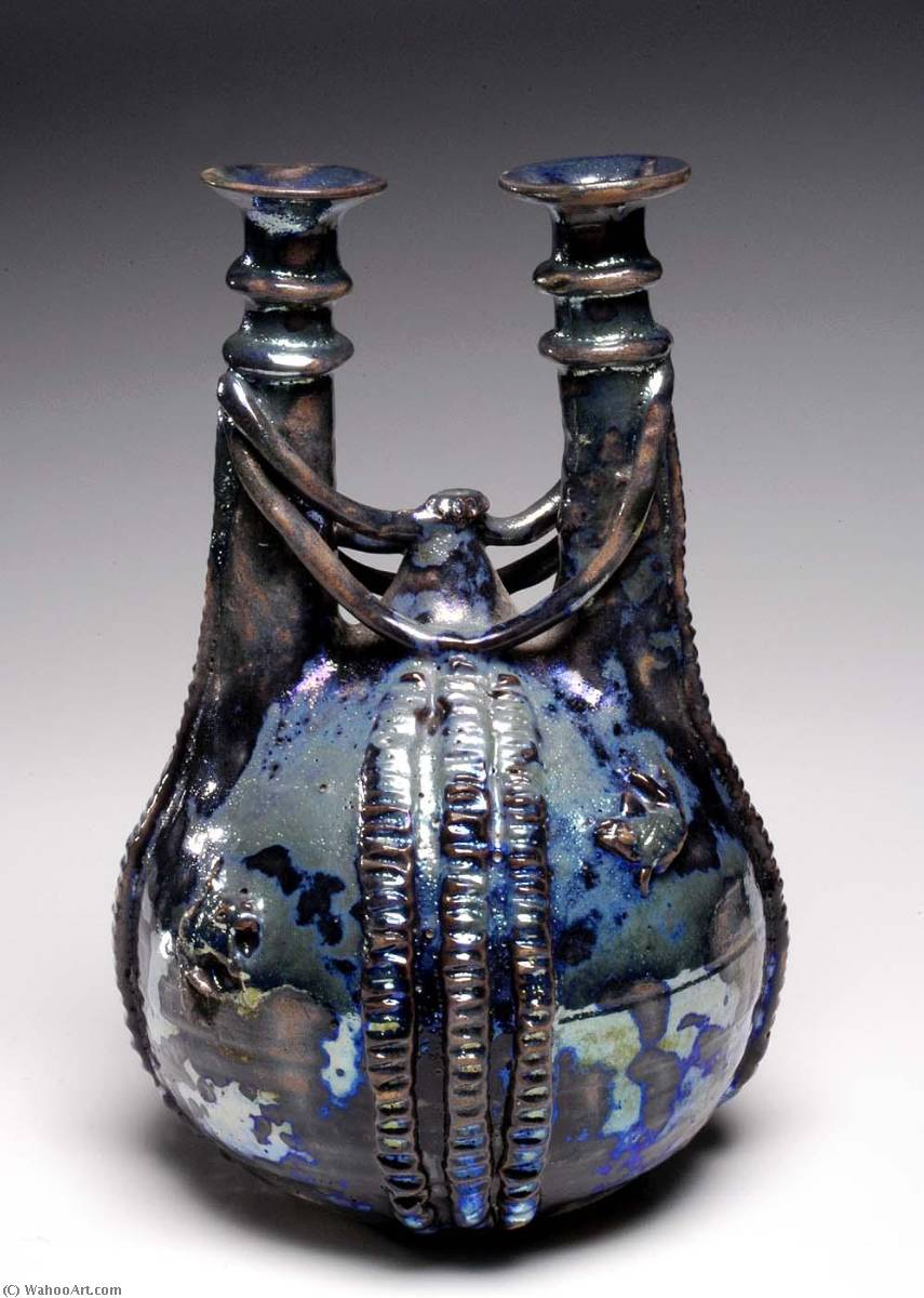 Blue Lustre Double Necked Bottle With Braided Decoration — Beatrice Wood