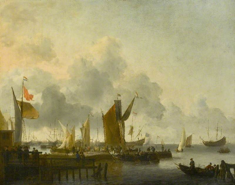 A Dutch Harbour With Numerous Figures, A Man Of War Firing A Salute Beyond — Ludolf Backhuysen I