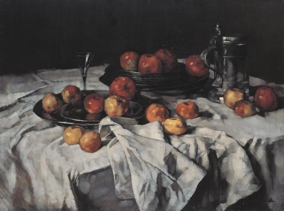 Still Life With Apples, A Pewter Jug ..and A Wine Glass — Carl Eduard Schuch