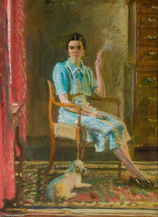 Miss Hancock, Seated Smoking With A Dog In An Interior — Алфред Џејмс Менингс