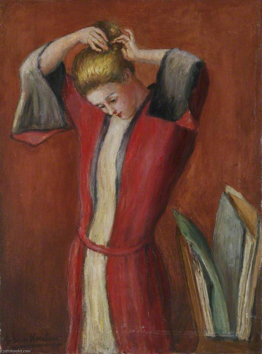 Lady In A Red And White Robe, Pinning Up Her Hair — Georges Van Houten