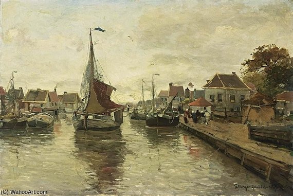 A View Of A Village With Boats In A Harbour — Gerhard Arij Ludwig Morgenstje Munthe