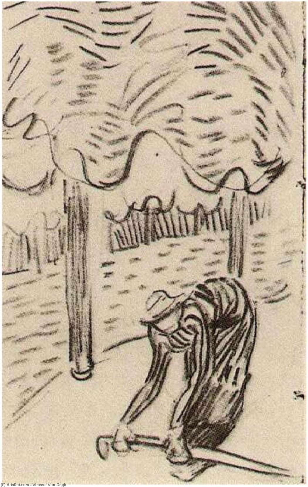 Eine Frau, Die Vor Bäumen Einen Stock Aufhebt — Vincent Willem Van Gogh