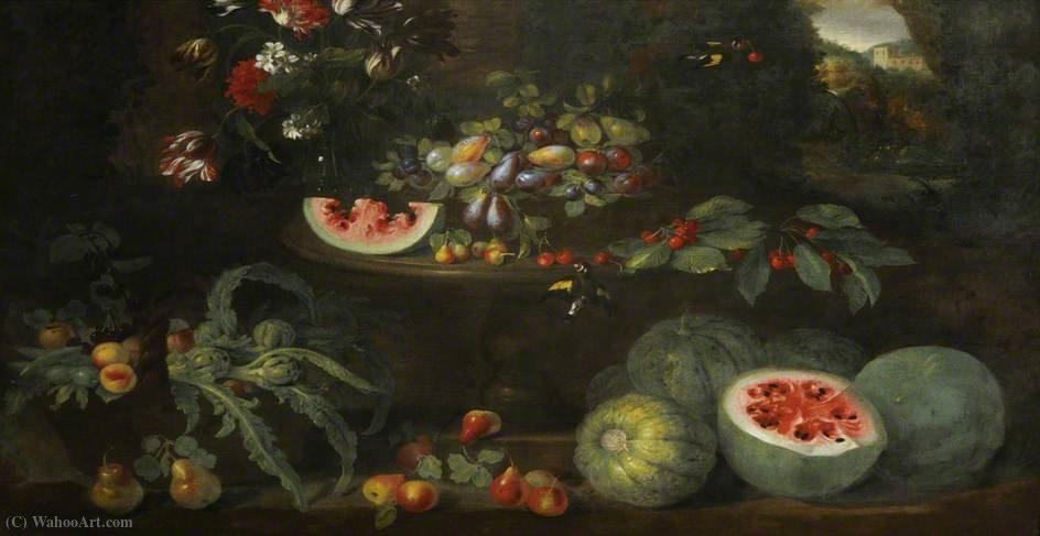 Still Life With Fruit And Flowers In A Landscape Around A Sculptured Stone Table — Michele Pace Del Campidoglio