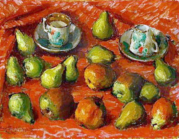 Still Life In Red Tones With Fruit And Cups — Igor Emmanuilovich Grabar