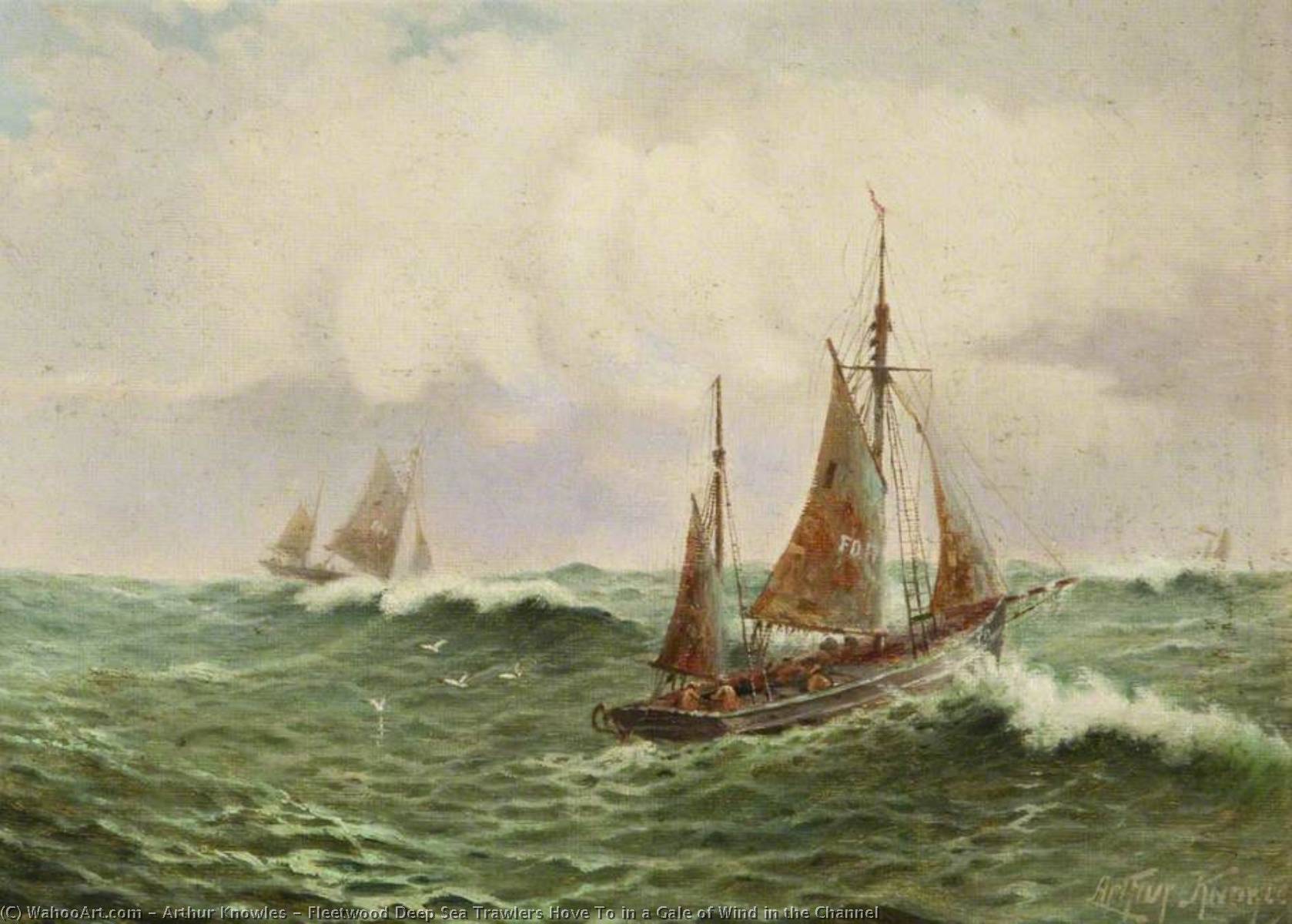 Fleetwood Deep Sea Trawlers Hove To In A Gale Of Wind In The Channel — Arthur Knowles