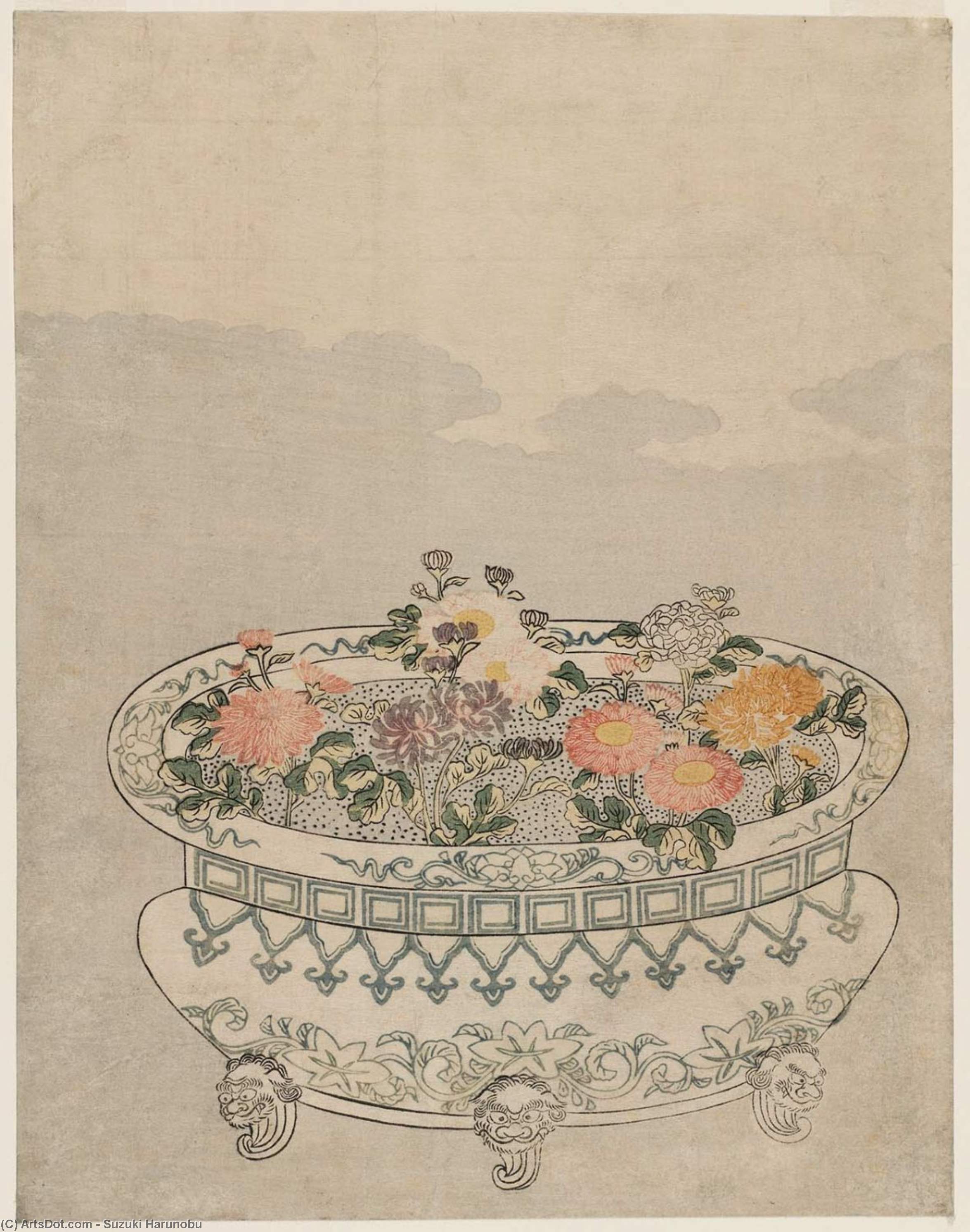 Potted Chrysanthemums And Full Moon — Suzuki Harunobu