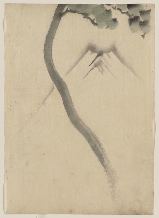 A Tree Trunk With Branch And Leaves In The Foreground — Katsushika Hokusai