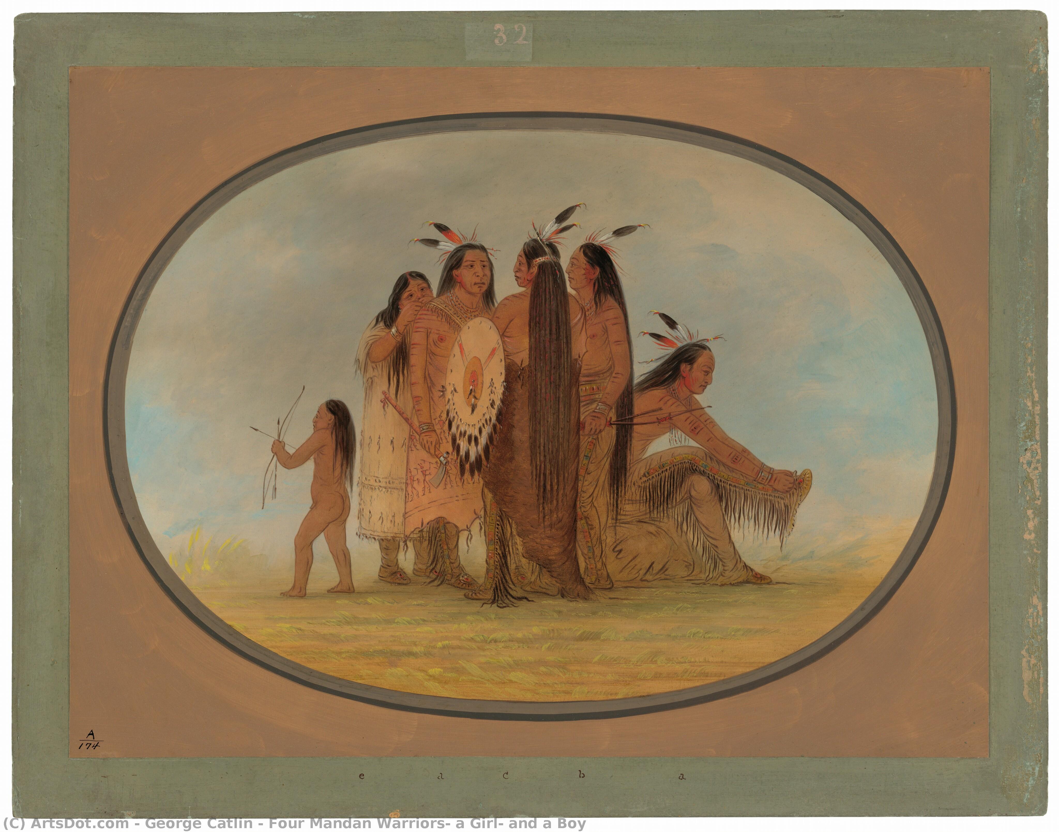 Four Mandan Warriors, A Girl, And A Boy — George Catlin
