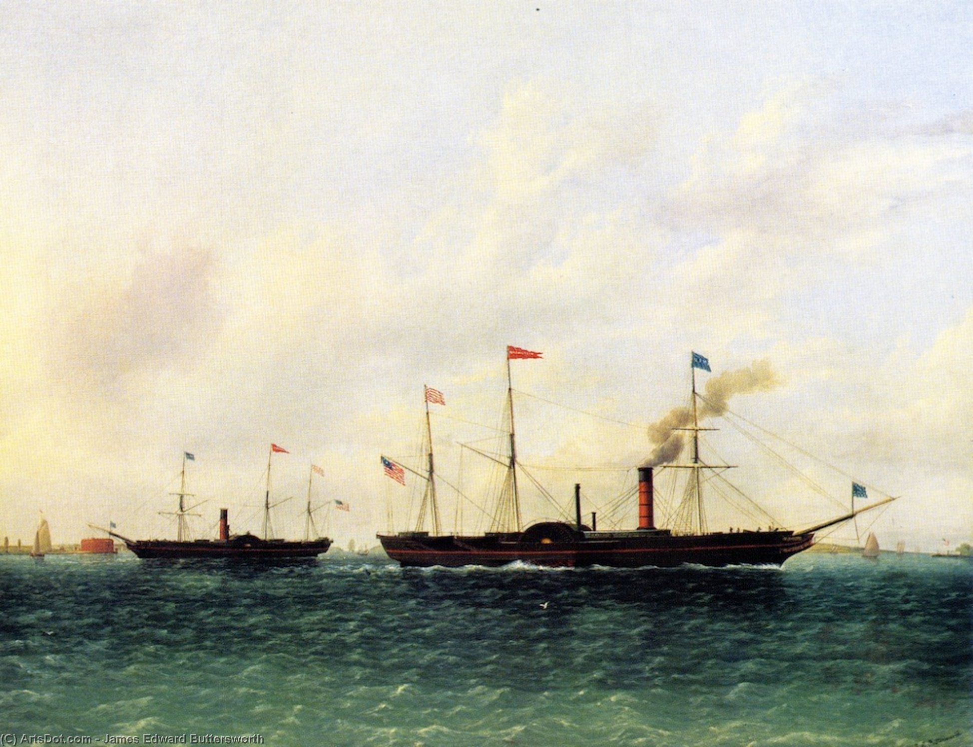 The U.s. Mail Steamship Washington'' Flying The Mail Flag Passing The ''hermann'' Off Governors Island'' — James Edward Buttersworth