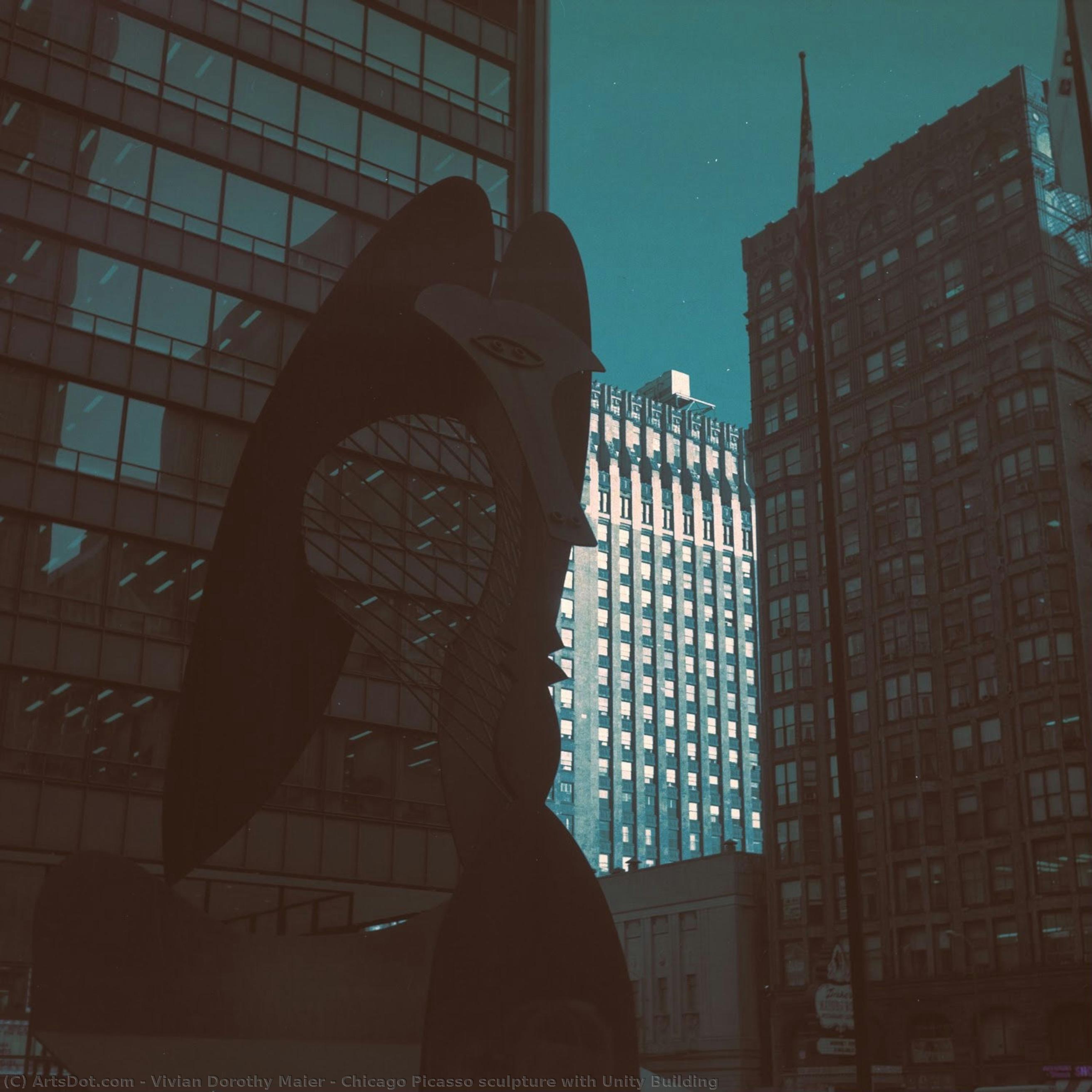 Chicago Picasso Sculpture With Unity Building — Vivian Dorothy Maier