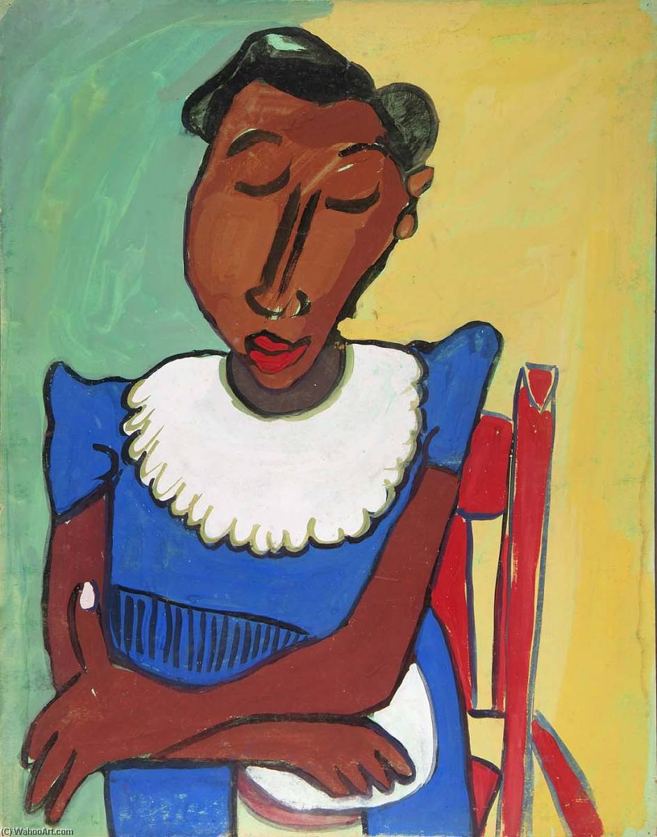 Woman In Blue Dress With White Collar In Red Chair — Виљем Хенри Џонсон