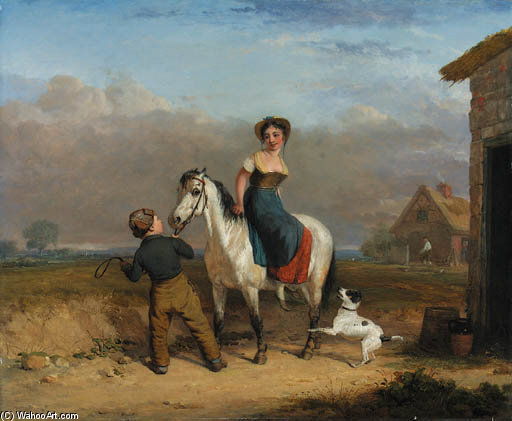 A Girl On A Grey Pony Held By A Boy, By A Country Cottage — Edmund Bristow