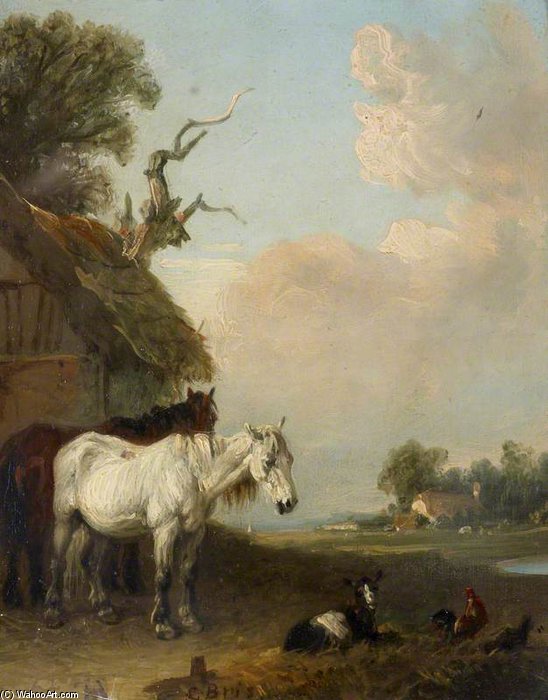 Landscape With Two Horses And A Goat By A Shed — Edmund Bristow