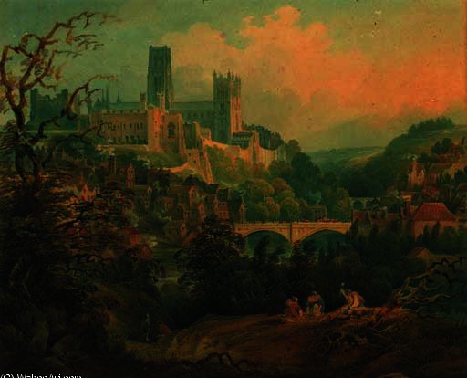 A Distant View Of Durham; And Figures Crossing A Bridge, Durham — Francis Nicholson