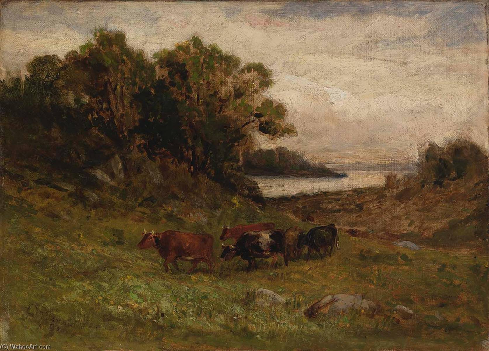 Untitled (five Cows Grazing With Trees And River In Background) — Edward Mitchell Bannister