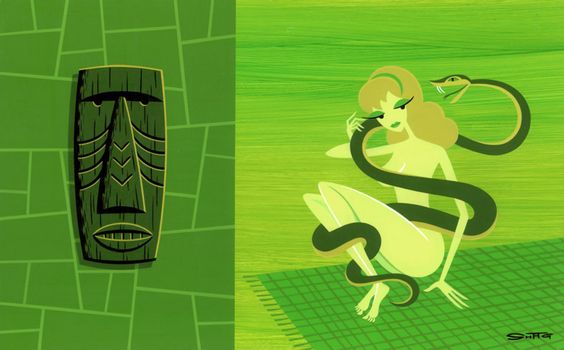 Pinup With Python And Spirit Mask — Josh Agle (shag)
