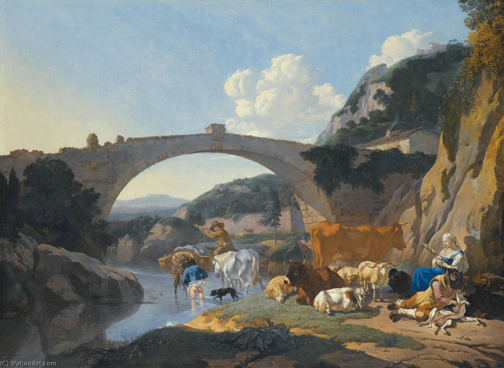 Italianate Landscape With Herders And Animals Resting By A River Under A Bridge — Karel Dujardin