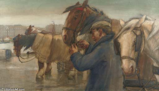 Tending To The Horses On A Rotterdam Quay — August Willem Van Voorden