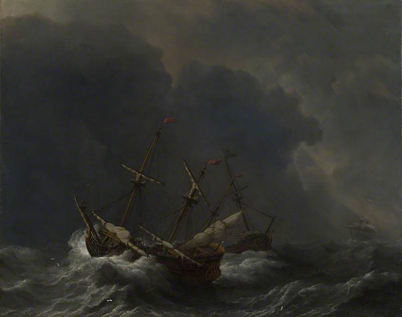 Three Ships In A Gale — Willem Van De Velde The Elder