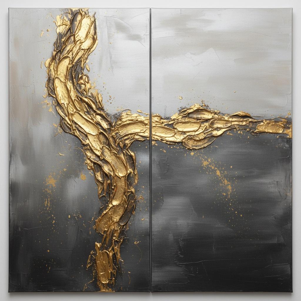 Golden Fracture: A Monumental Diptych Of Molten Light And Obsidian Shadows — Laurent Fabre