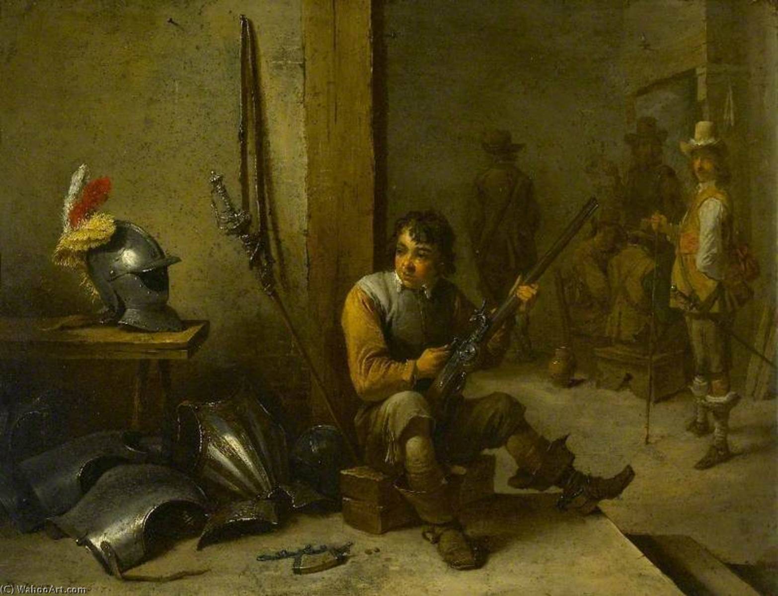 A Soldier Cleaning A Flintlock In A Guardroom, Armour Beside Him And Soldiers Beyond — David Teniers El Joven