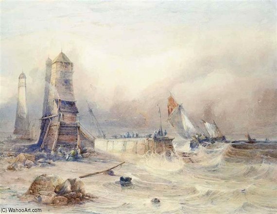 Fishermen On A Breakwater Before A Lighthouse With Boats Heading Out To The Fishing Grounds — Thomas Sewell Robins