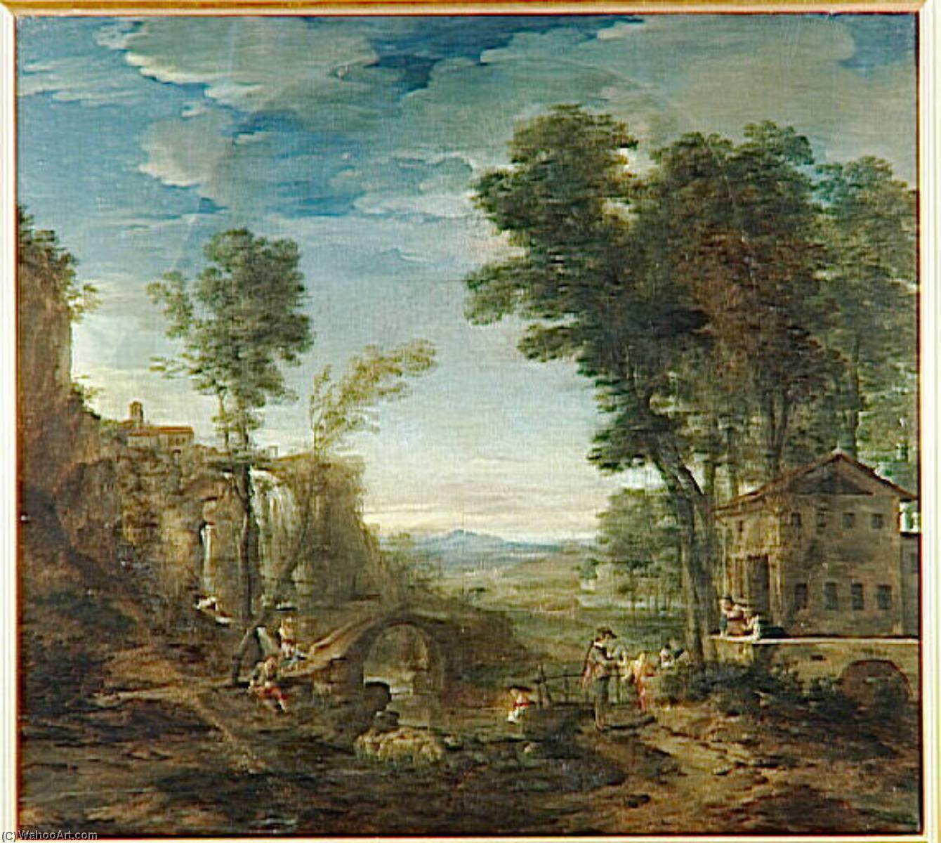 Paysage (où L'on Voit Un Pont, Une Chute D'eau, Un Berger Qui Garde Des Moutons Et Chèvres, Un Joueur De Musette Vêtu De Bleu, Sur La Gauche Une Femme) — Louis Galloche