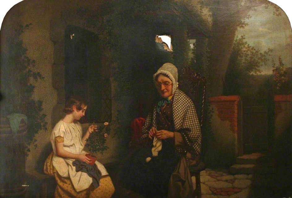 An Old Woman Knitting And A Girl Holding A Pot Plant — William Edward Millner