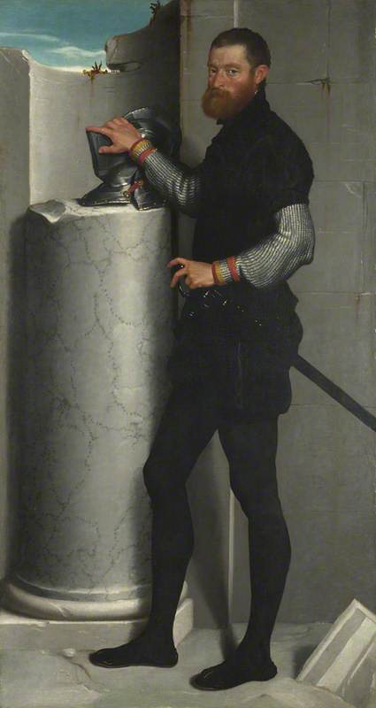 Portrait Of A Gentleman With His Helmet On A Column Shaft — Moroni, Giovanni Battista