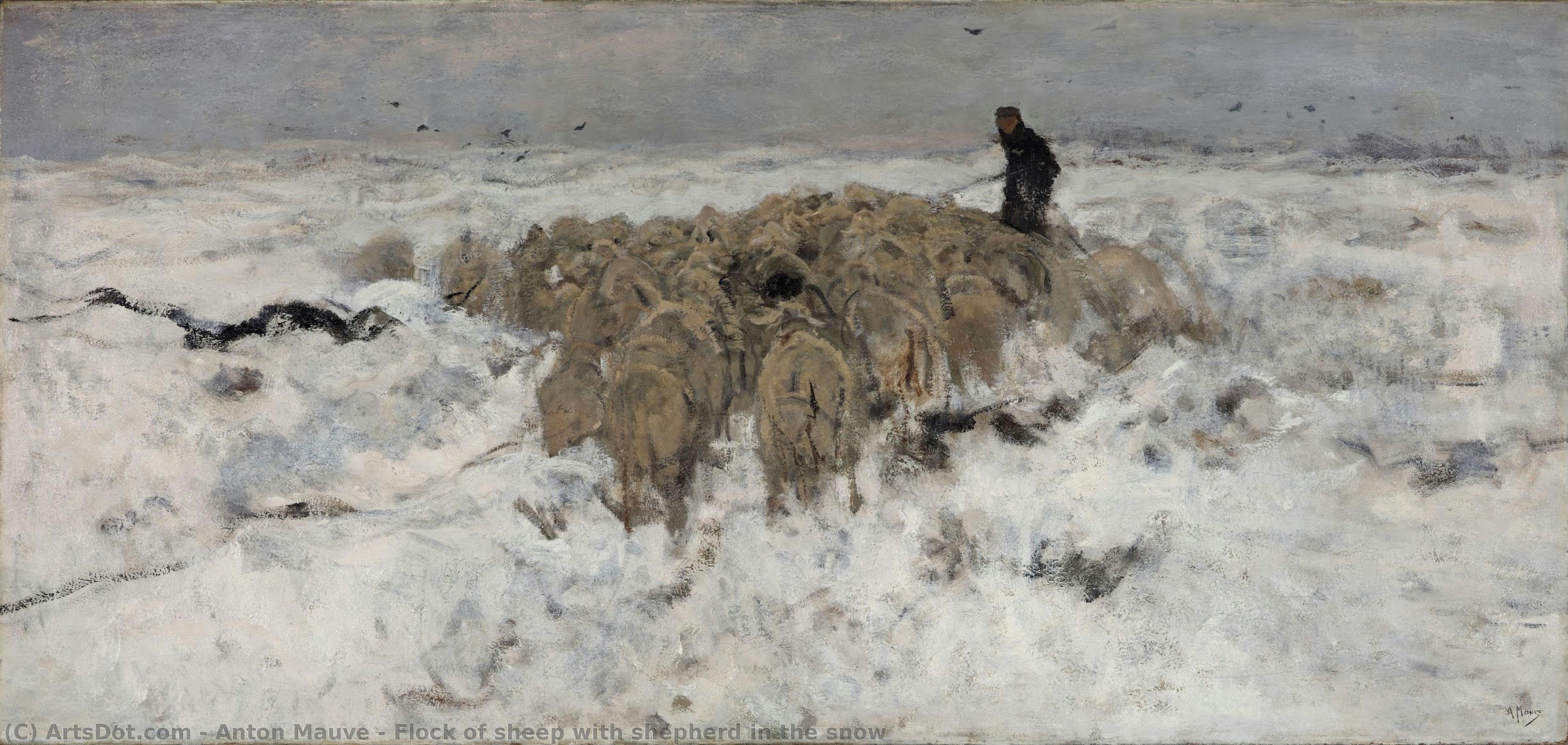 Flock Of Sheep With Shepherd In The Snow — Anton Mauve