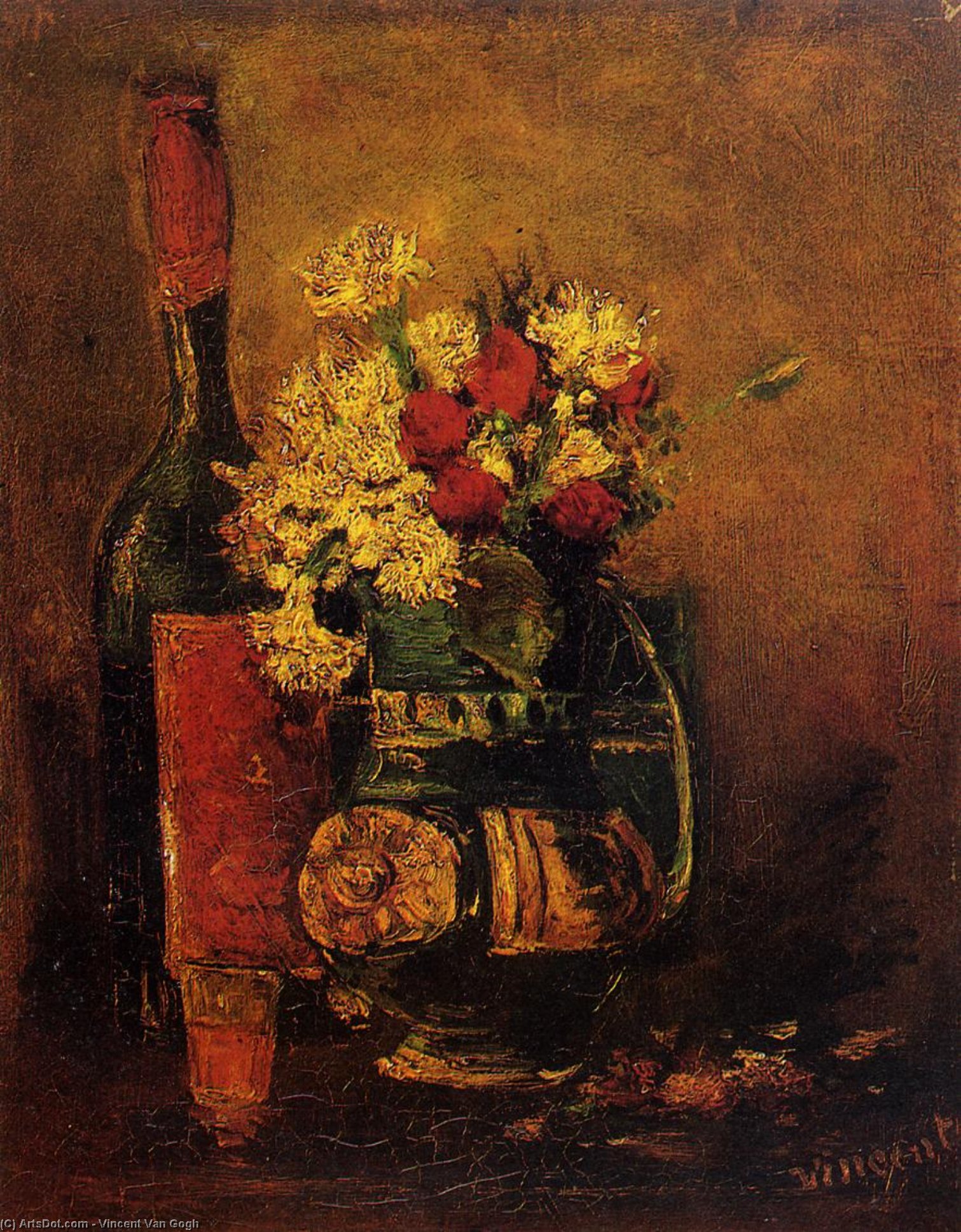 Vase With Carnations And Roses And A Bottle — Vincent Willem Van Gogh