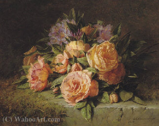 Pink Roses And Rhododendrons On A Marble Ledge — Adriana Johanna Haanen