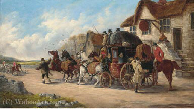 A Mail Coach Outside The Old Fox Inn, A Hunt Beyond — John Charles Maggs