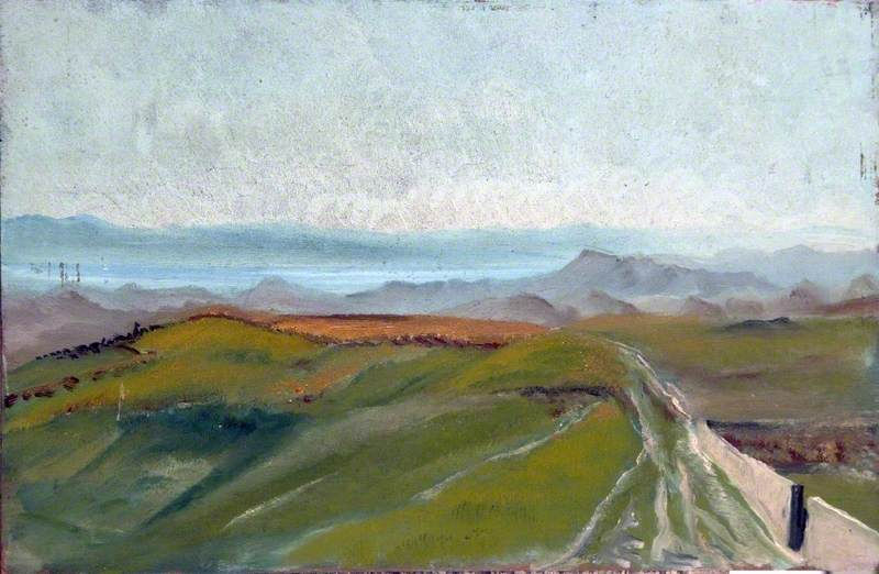 Mountainous Landscape With Walled Land And A Distant Lake Surrounded By Mountains — Caroline Emily Gray Hill