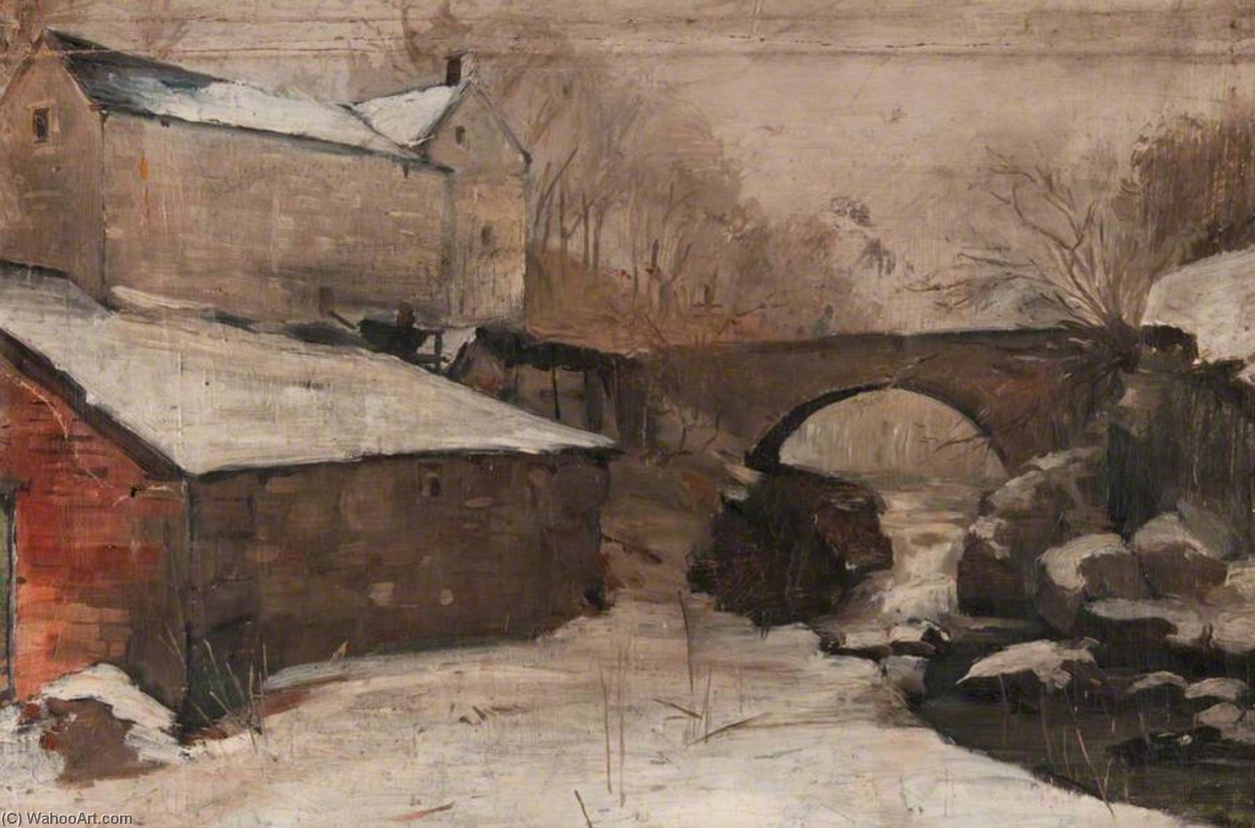 Winter Scene With A Bridge And A Mill (craigmill) — John Elliot Maguire