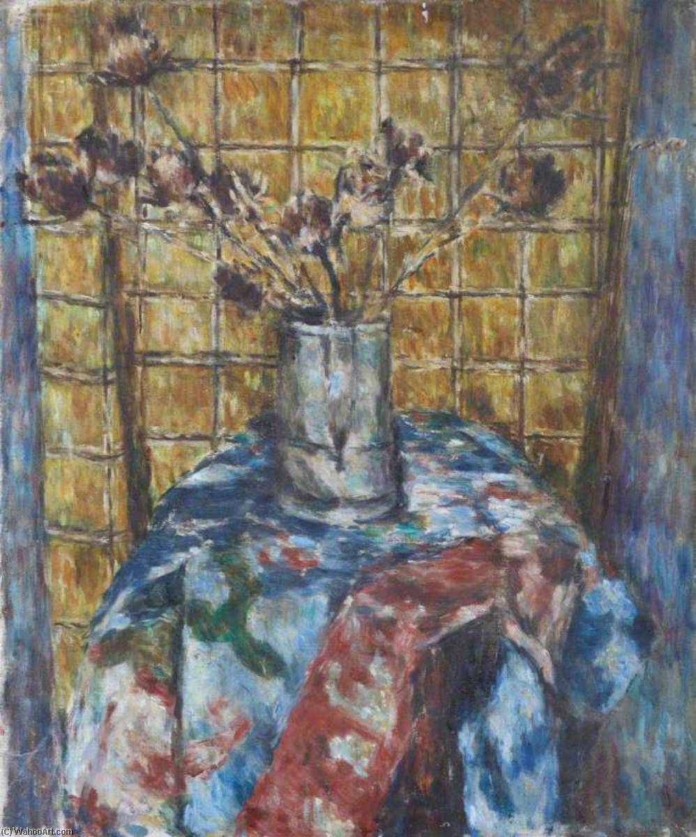 A Vase Of Flowers On A Floral Tablecloth Against A Yellow Tiled Wall — Alan Francis Clutton Brock