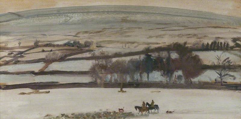 A Winter Landscape, Exmoor, Figures On Horseback In The Foreground — Sir Alfred James Munnings
