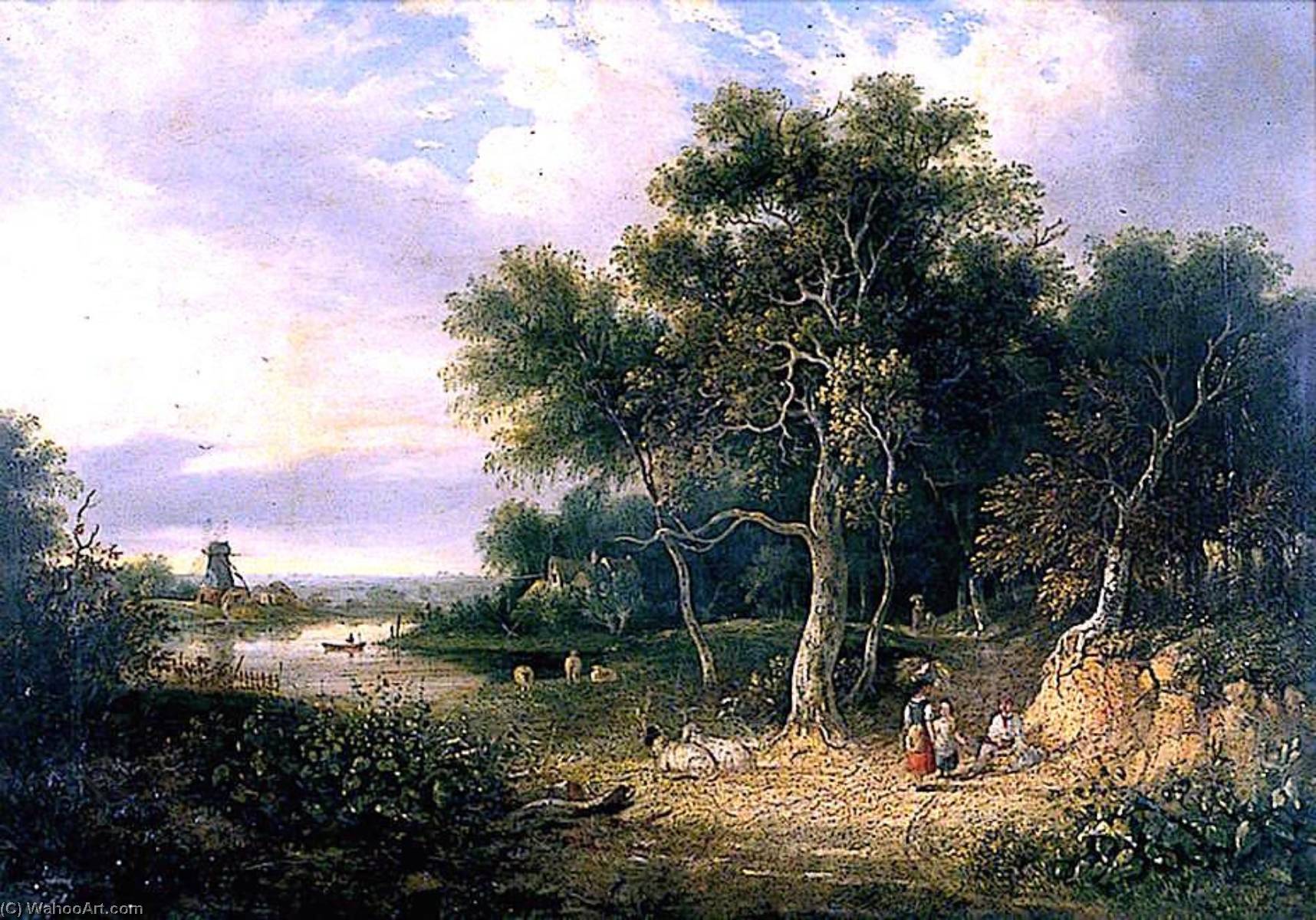Landscape With A River And Mill, Sheep In Foreground — Samuel David Colkett