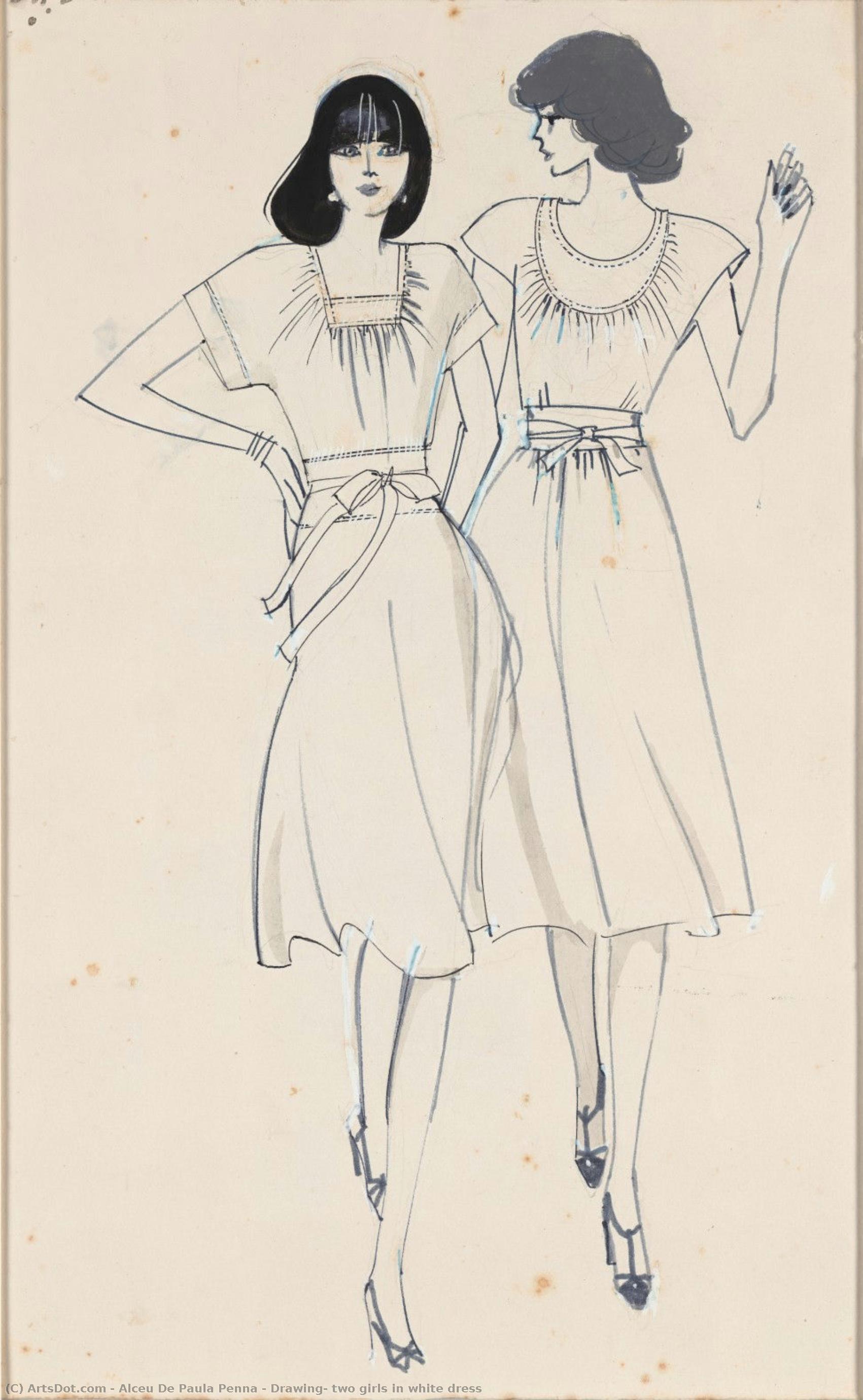Drawing, Two Girls In White Dress — Alceu De Paula Penna